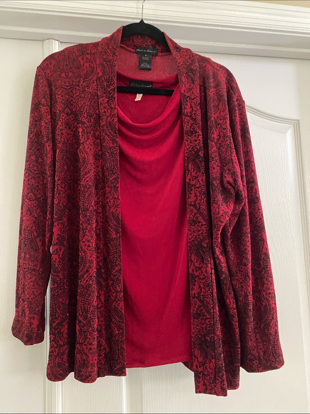 Made in Heaven - Red Paisleyy Open-Front Cardigan Set with Red Cowl-Neck Top